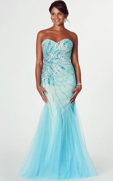 Mermaid Beaded Sweetheart Sleeveless Tulle Prom Dress With Low-V Back