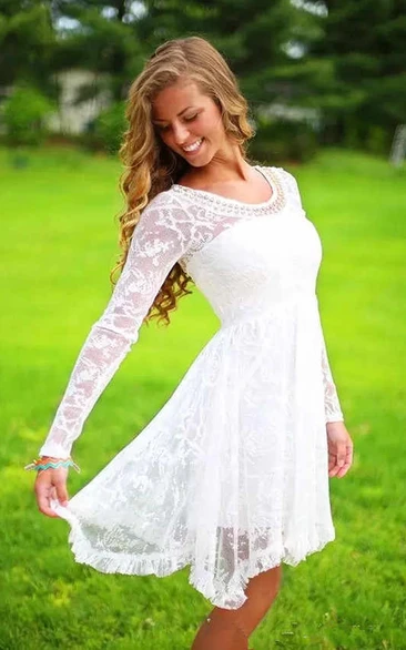 Classic Long Sleeves Lace Beach Knee-Length Wedding Dress With Beadings