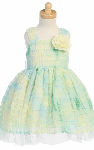 Floral Tea-Length Tiered Tulle Flower Girl Dress With Ruffles