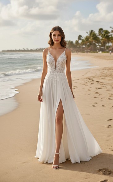 White Chiffon High Slit Beach Wedding Dress Spaghetti Strap Lace Bodice A-Line Gown