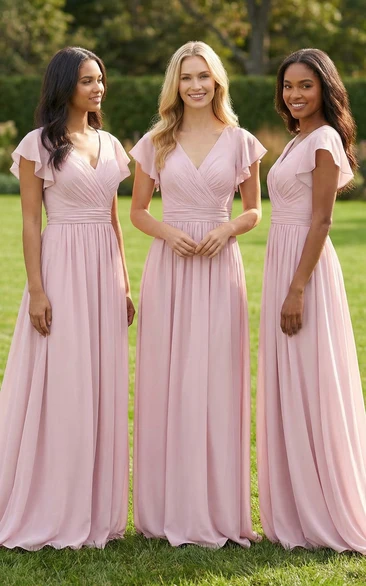 White Chiffon Butterfly Sleeve Bridesmaid Gown