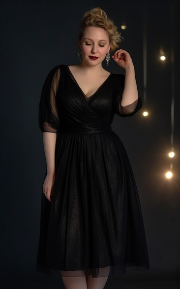 V-neck Black Half-sleeve Criss-cross Knee-length Formal Mother of Bride Dress