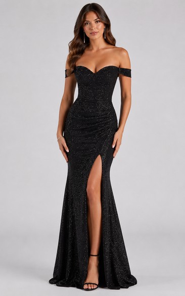 Mermaid Off-the-Shoulder Short Sleeve Sequins Prom Dress with Sequins