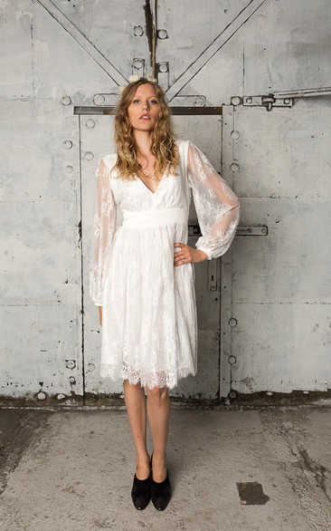 Illusion Long Sleeve V-Neck Knee Length Lace Vow Renewal Dress With Open Back