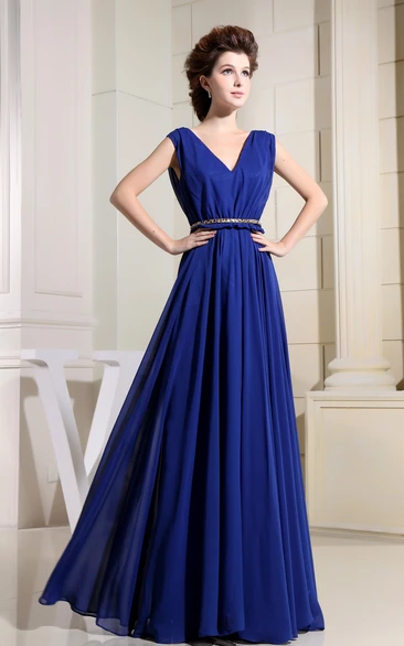 Plunged Caped-Sleeve Floor-Length Chiffon Dress With Pleats