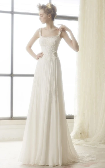 A-Line Sleeveless Floor-Length Lace Square Chiffon Wedding Dress With Low-V Back And Flower