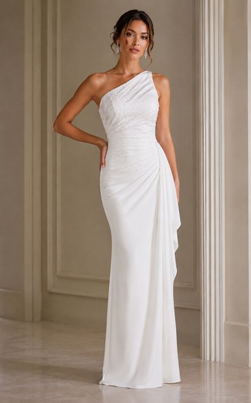 White One-Shoulder Sheath Wedding Dress