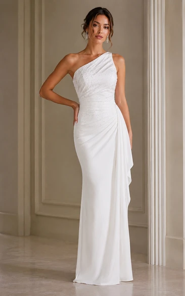 White One-Shoulder Sheath Wedding Dress
