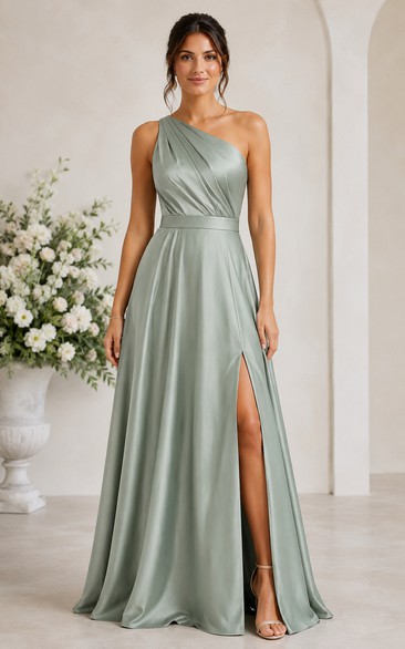 Sage One-Shoulder Satin A-Line Bridesmaid Dress with Split Front