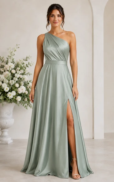 Sage One-Shoulder Satin A-Line Bridesmaid Dress with Split Front