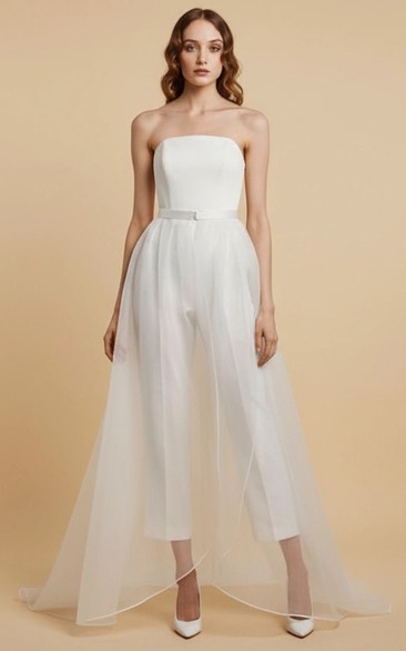 Strapless Waist Belt Tulle Hem Wide Leg Wedding Jumpsuit