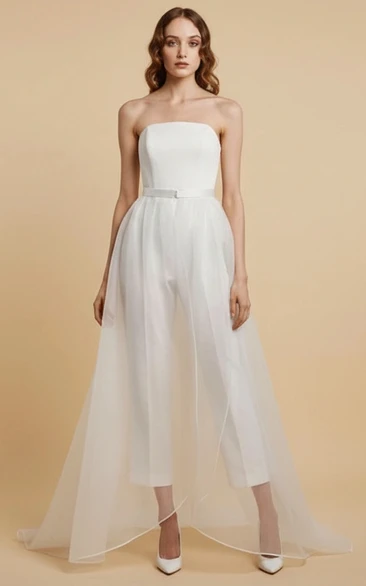 Strapless Waist Belt Tulle Hem Wide Leg Wedding Jumpsuit