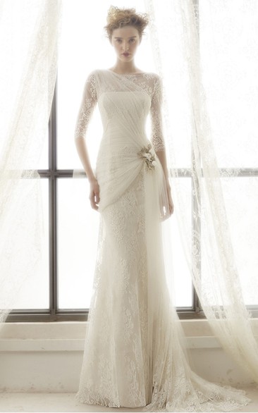 Sheath High Neck Half-Sleeve Tulle Wedding Dress With Lace And Draping