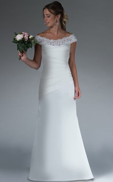 Lace Off Shoulder Sheath Satin Bridal Gown With Ruching