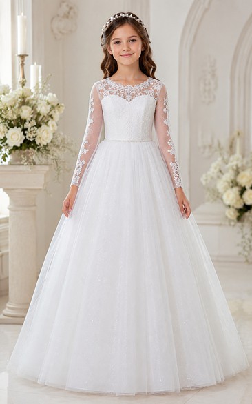 Long Sleeve Lace Illusion White Tulle First Communion Ball Gown