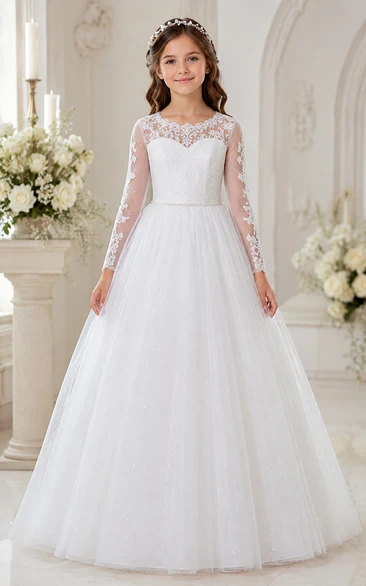 Long Sleeve Lace Illusion White Tulle First Communion Ball Gown