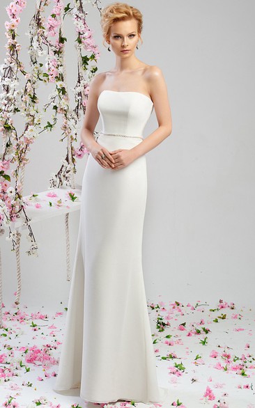 Sheath Strapless Maxi Chiffon Wedding Dress With Waist Jewellery And Corset Back