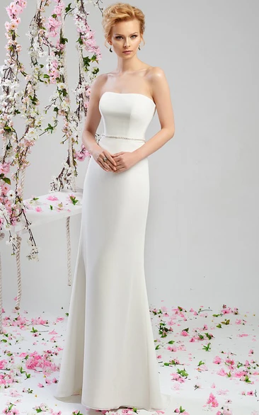 Sheath Strapless Maxi Chiffon Wedding Dress With Waist Jewellery And Corset Back