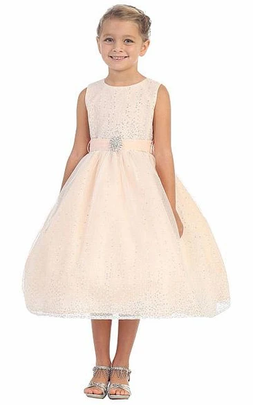Tea-Length Natural Beaded Tulle&Satin Flower Girl Dress With Broach