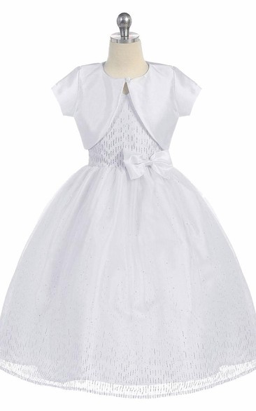 Tea-Length Split Bowed Split-Front Tulle&Taffeta Flower Girl Dress With Sash