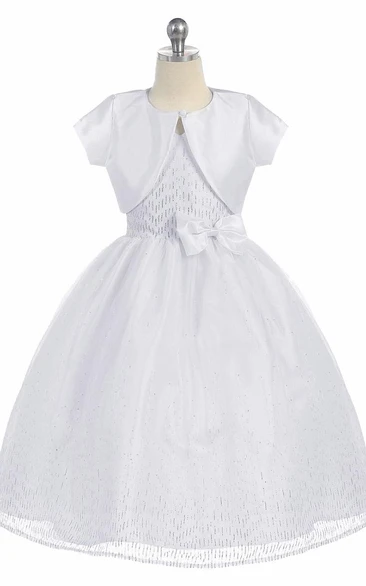 Tea-Length Split Bowed Split-Front Tulle&Taffeta Flower Girl Dress With Sash