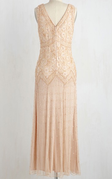 Sheath Sleeveless Ankle-Length Beaded V-Neck Tulle Wedding Dress With Low-V Back