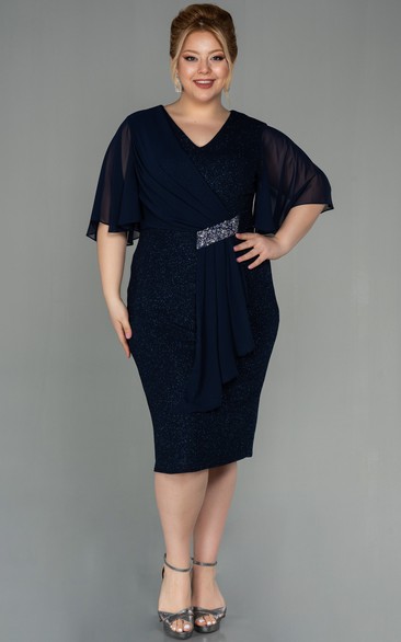 V-neck Poet-sleeve Pencil Plus Size Sequin Mother of Bride Dress with ...