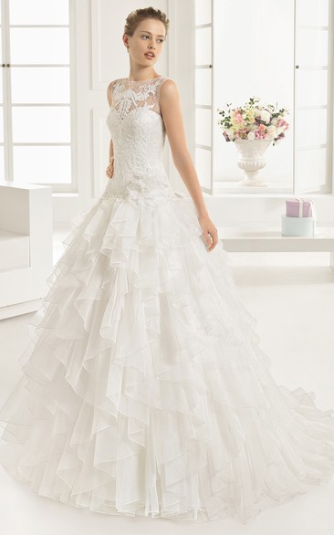 Sleeveless Illusion Back A-line Dress With Cascading Ruffles