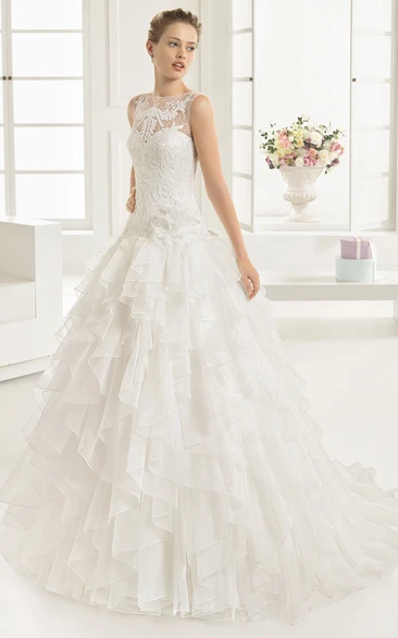 Sleeveless Illusion Back A-line Dress With Cascading Ruffles