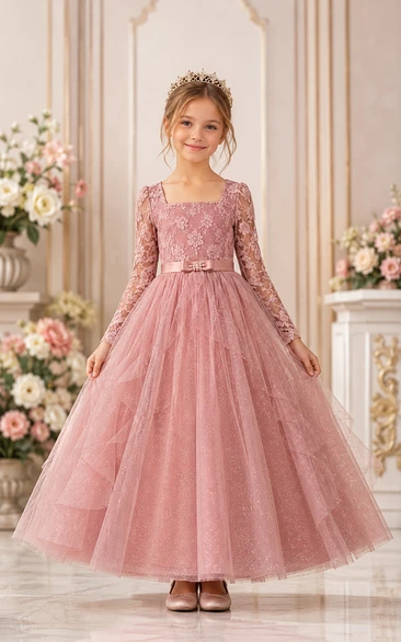 A-line Floor Length Long Sleeve Illusion Tulle Lace Flower Girl Dress with Dusty rose long lace sleeves and tulle skirt