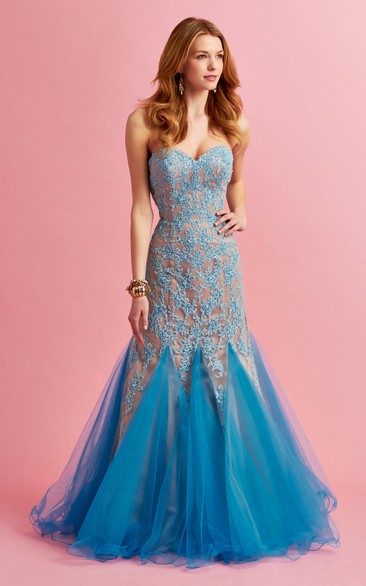 Trumpet Floor-Length Sweetheart Sleeveless Lace Tulle Dress With Appliques