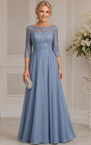 A-Line Bateau 3/4 Length Sleeve Chiffon Mother Dress with Lace
