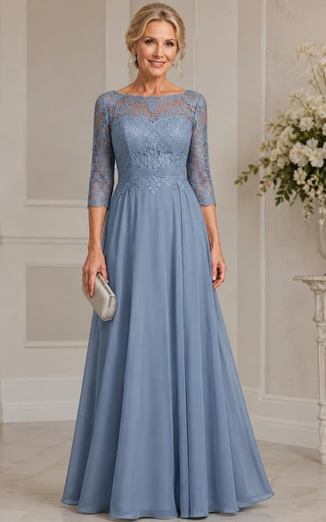 A-Line Bateau 3/4 Length Sleeve Chiffon Mother Dress with Lace