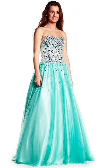 A-Line Sleeveless Beaded Strapless Floor-Length Tulle&Satin Prom Dress With Bow