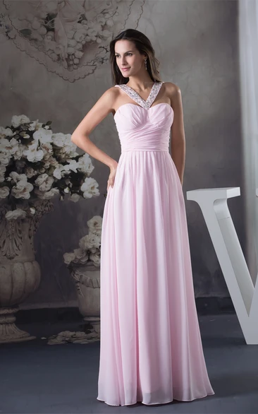 Pastel Chiffon Long Criss-Cross Beading and Dress With Pleats