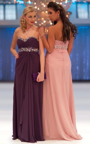 Sheath Ruched Empire Sweetheart Floor-Length Sleeveless Chiffon Prom Dress With Beading And Waist Jewellery