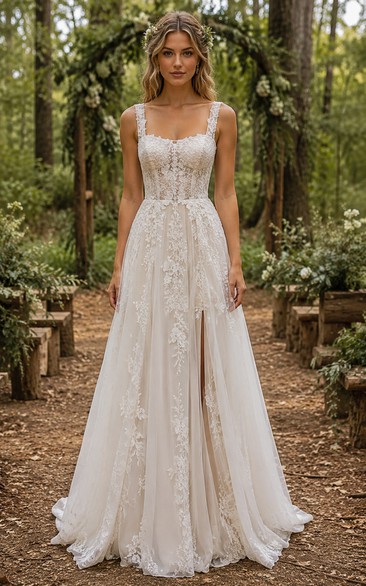 Boho A-Line Wedding Dress Sleeveless Square Neck Tulle Lace Applique Split Front Floor Length Sweep Train Ivory