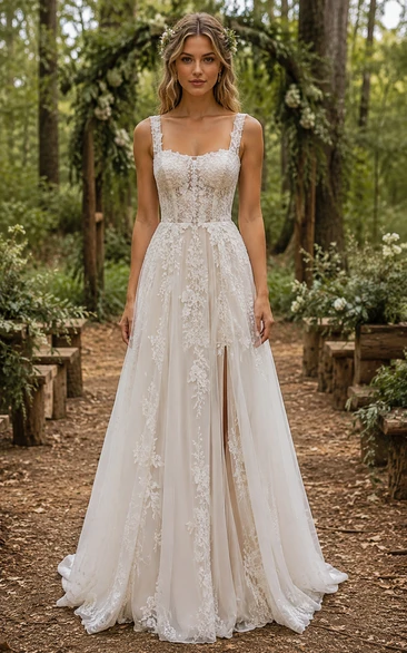 Boho A-Line Wedding Dress Sleeveless Square Neck Tulle Lace Applique Split Front Floor Length Sweep Train Ivory