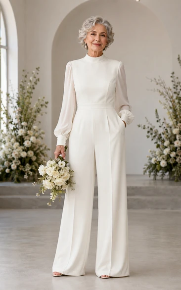 High Neck Long Sleeve Bridal Jumpsuit with Wide Leg Pants