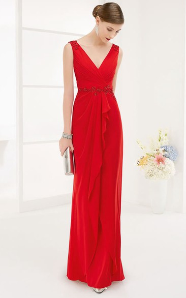V Neck Chiffon Wrap Prom Dress Floor Length With Crystal