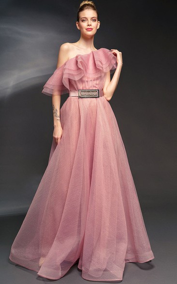 Asymmetrical Off-the-shoulder A-line Tulle Dress with Tiers