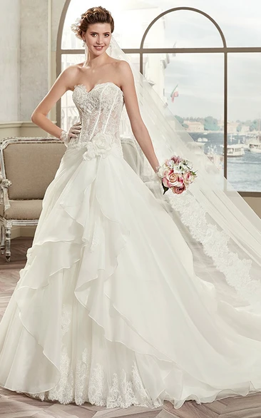 Sweetheart A-Line Bridal Gown With Lace Corset And Asymmetrical Ruffles
