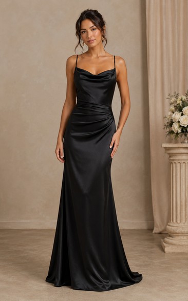 Black Satin Cowl Sheath Bridesmaid Dress