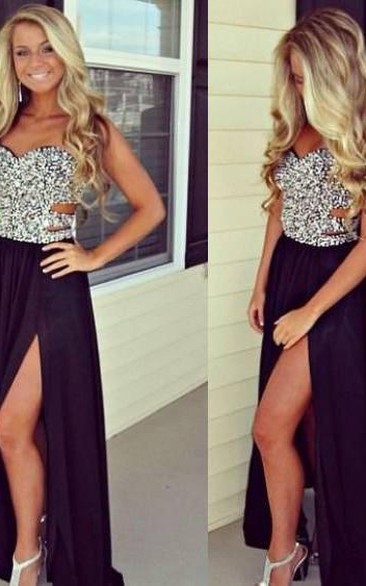 A-line Sweetheart Beading Sleeveless Floor-Length Chiffon Dresses