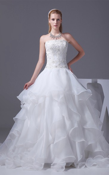 Sleeveless Ruffled Rhinestone and Ball-Gown With Appliques