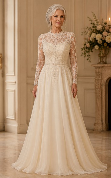 Champagne Long Sleeve Lace A-Line Older Brides Wedding Dress
