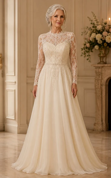 Champagne Long Sleeve Lace A-Line Older Brides Wedding Dress