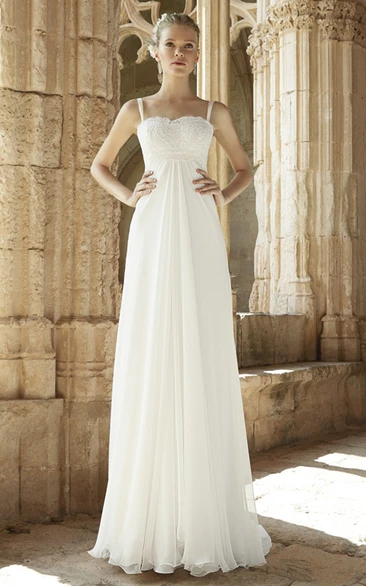 Sheath Floor-Length Spaghetti Sleeveless Caped Empire Chiffon Wedding Dress With Appliques