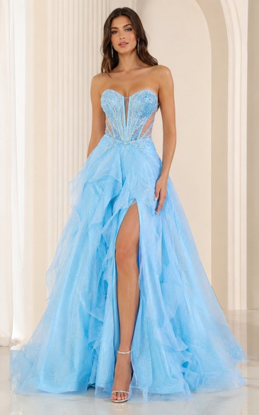 Sky Blue Strapless Beaded Ruffle Tulle Ball Gown with Slit