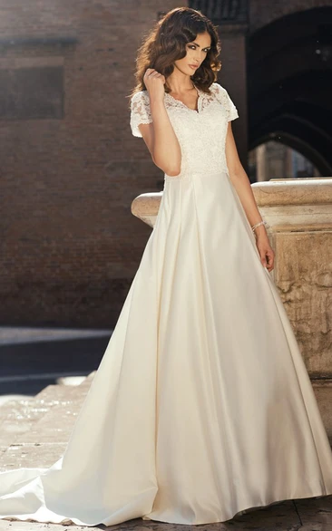 A-Line Short-Sleeve V-Neck Floor-Length Satin&Lace Wedding Dress